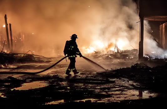 Brave firefighter battling a blaze at night, using a fire extinguisher to control the flames amidst heavy smoke and intense heat photo
