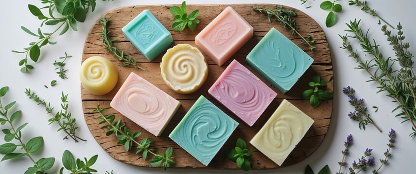 Soap bars with herbs and leaves on a wooden cutting board photo