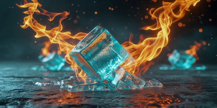 Fiery Orange Flames Embrace Glowing Ice Cubes on Dark Background photo
