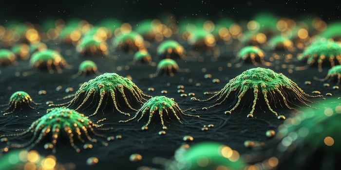 Microscopic View of Green and Gold Bacteria in Dark Background. photo