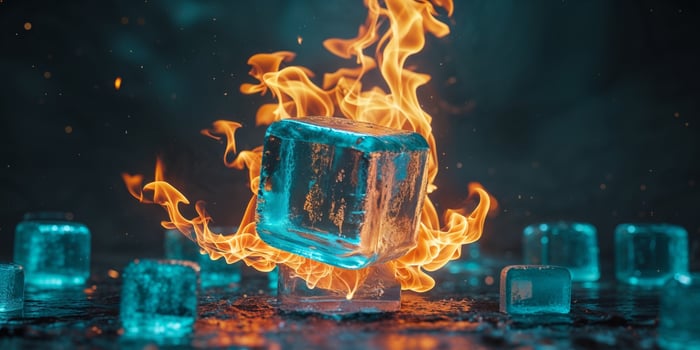 A fire burning ice cubes in front of a blue background photo
