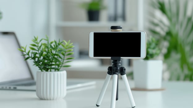 Smartphone mockup mounted on tripod in bright home office. blogging. Flowerpots, laptop, mobile phone template advertising image. Mock up branding product, marketing material photo