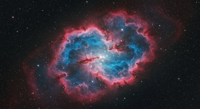 A vibrant nebula showcases its intricate details, with brilliant shades of red and blue. photo