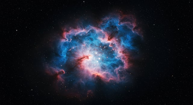 A stunning nebula displays vibrant hues of blue and red, set against a field of stars. photo