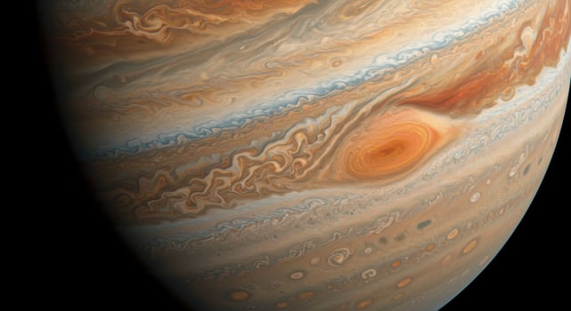 Close-up view of Jupiter's swirling atmosphere, showcasing its iconic red spot. photo