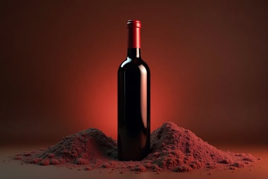 A red wine bottle placed on a textured, red-toned surface against a dim, warm-toned background conveying sophistication, luxury, and warmth. Perfect for themes of celebration, sophistication photo
