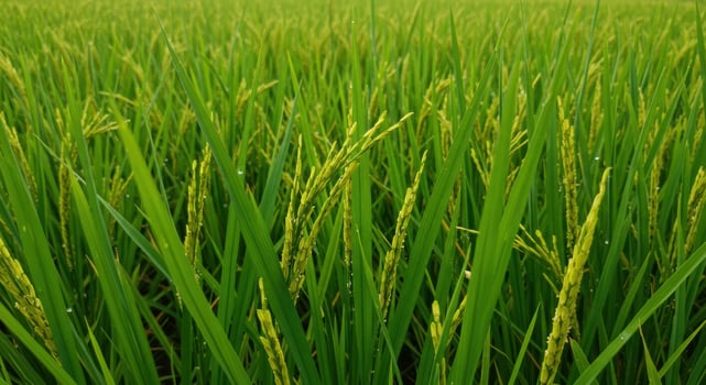 Close up of a green rice field with the plants growing in the sunlight. photo
