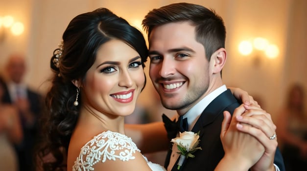 A bride and groom are smiling at the camera photo