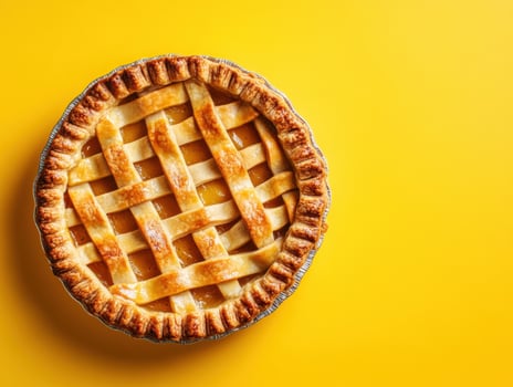 Freshly baked apple pie on a vibrant yellow background photo