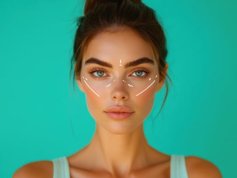 Young woman with striking blue eyes and pastel background photo