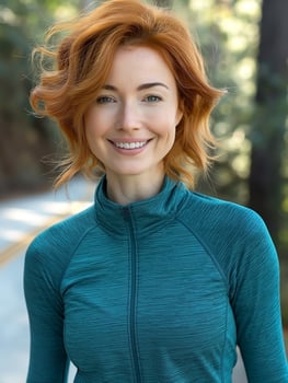 A cheerful Caucasian woman with vibrant red hair smiles warmly while wearing an athletic jacket outdoors. photo
