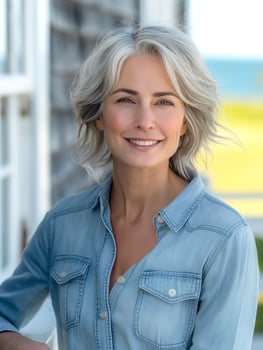 Smiling middle-aged woman with silver hair, enjoying a sunny day outdoors, showcasing a relaxed and joyful mood. photo