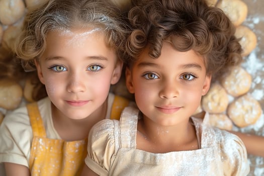 Two young girls, one with curly brown hair and the other with wavy blonde hair, smiling joyfully among freshly baked cookies dusted with flour. photo