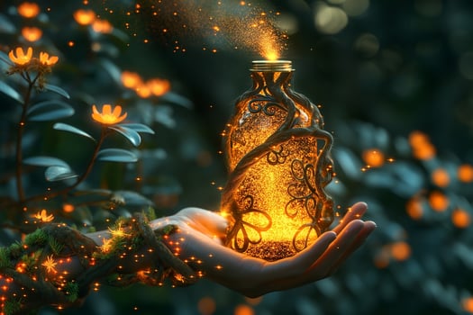 A magical glowing bottle held delicately in a hand, surrounded by ethereal flowers and shimmering particles. photo