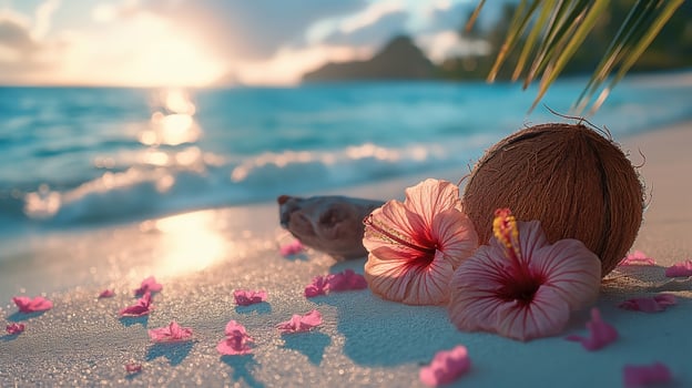 A serene beach scene featuring a coconut and vibrant hibiscus flowers, evoking a tropical paradise vibe. photo