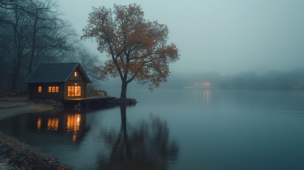 A cozy wooden cabin by a misty lake, illuminated with warm light, surrounded by autumn trees. photo
