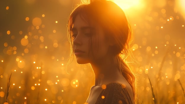 A serene young woman of Caucasian descent, bathed in golden sunlight, showcases a moment of peaceful reflection amidst a magical backdrop. photo