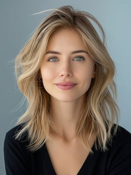 A young Caucasian woman with wavy blonde hair and captivating green eyes smiles warmly against a soft blue background. photo