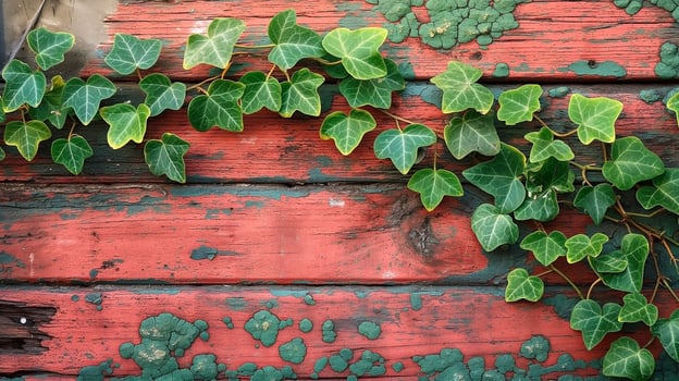 Vibrant green ivy climbing on textured, weathered red wooden surface, creating a striking contrast of colors. photo