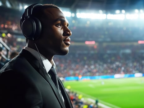 Sports commentator observes intense match during evening event photo