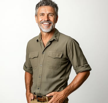 Smiling man in casual green shirt poses confidently indoors photo