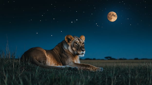 Lioness resting under starry night sky with full moon in open savanna photo