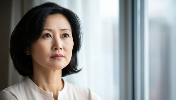 Thoughtful Asian Woman Gazing Out of Window Indoor Setting Portrait Background Copyspace photo
