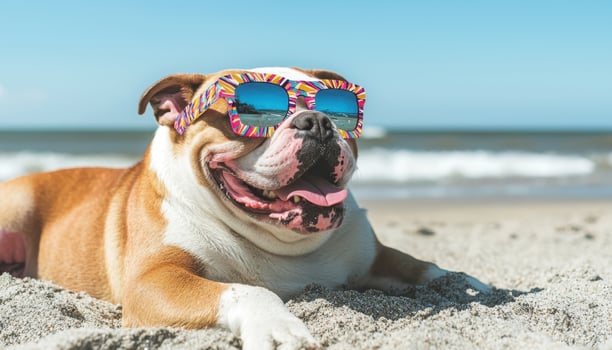 Excited Bulldog Relaxing on the Beach Vibrant Sunwear Fun Copyspace Background photo