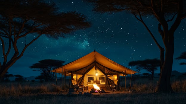 Starlit night in african savannah with illuminated tent and campfire photo