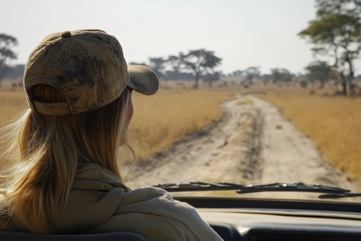 Caucasian woman on african safari adventure in open-top jeep photo