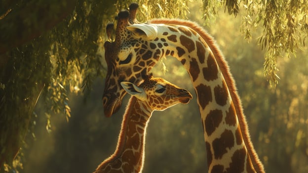 Tender moment between adult and young giraffe in sunlit forest photo