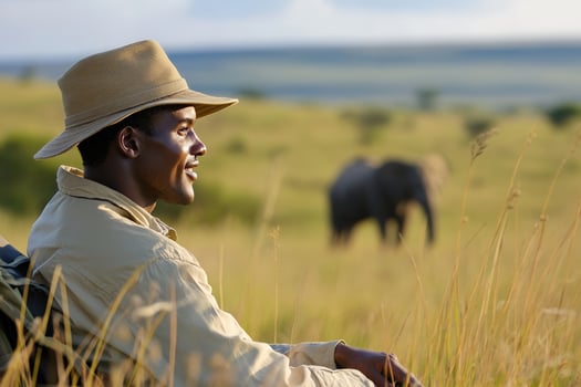 African adult male enjoying safari adventure with elephants in the savannah photo