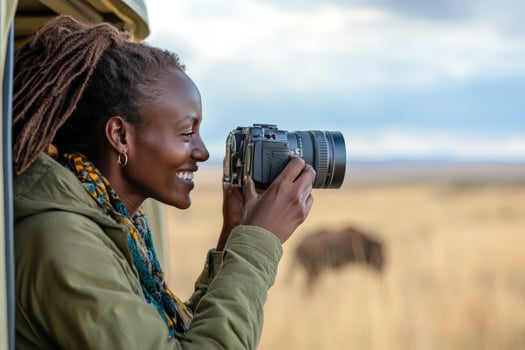 African female adult photographer on safari capturing wildlife in savanna photo