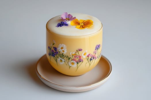 A yellow cup with flowers painted on it photo