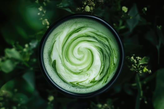 A bowl of green tea with a swirl of green liquid photo