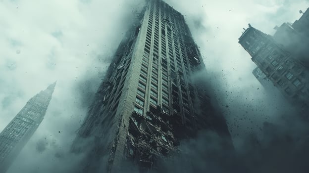 tall building partially collapsed amidst heavy dust and debris, symbolizing aftermath of earthquake. scene conveys urgency and chaos photo