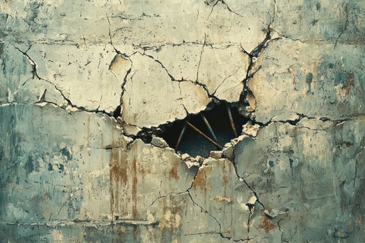 cracked concrete wall with exposed rebar, symbolizing aftermath of earthquake and need for rescue efforts photo