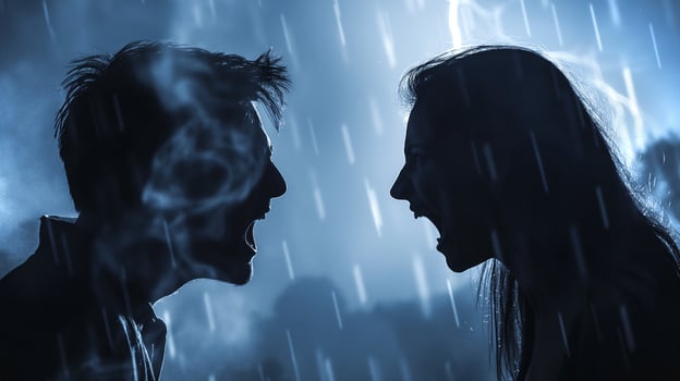 This Two individuals are caught in a heated argument under heavy rain, expressing strong emotions. photo