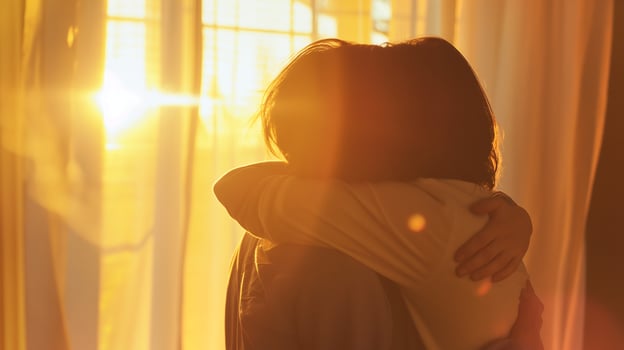 This Two people embrace warmly in sunlight, symbolizing reconciliation after tension. photo