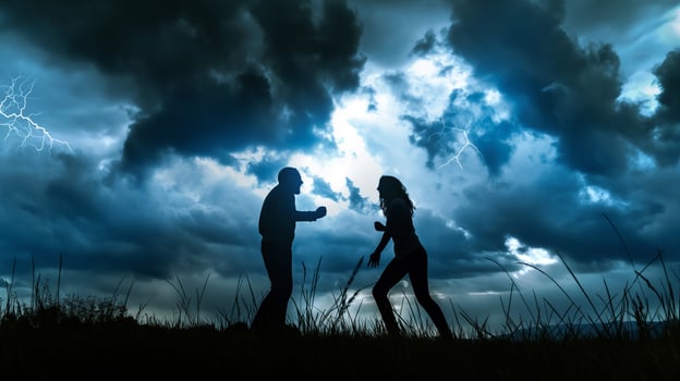This Two figures face off against a stormy backdrop, emphasizing conflict and disagreement. photo