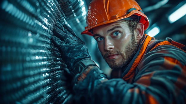 Worker focused on excavation in a mining operation, highlighting the use of safety gear during mineral extraction and processing. The environment showcases infrastructure for efficient operations. photo