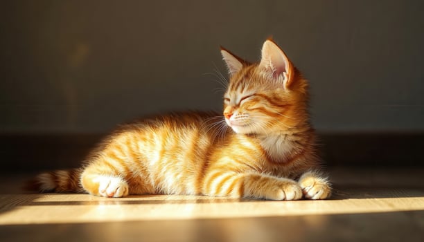 Orange Tabby Kitten Dozing in Sunlight Cozy Room Photo Background Copyspace