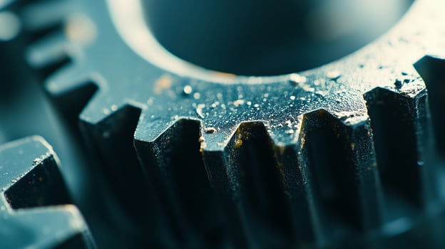 oily Steel Gears in focus. Macro view of gears photo