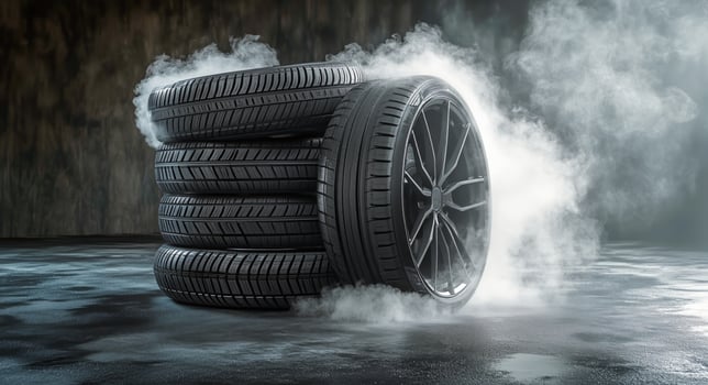 Tires Stacked With Smoke Effects in a Dramatic Display photo