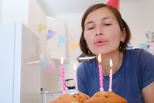 Happy Birthday at Home concept. woman celebrate HB at modern kitchen photo