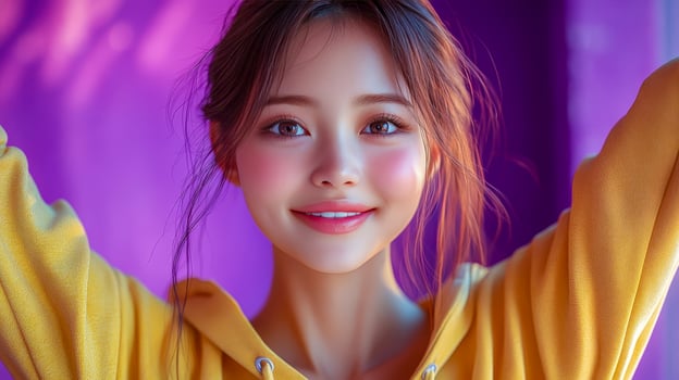 A happy Asian-looking girl dressed in a yellow hoodie playfully raises her hands in delight photo