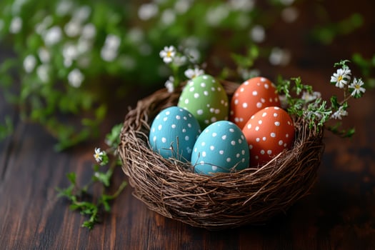 Happy Easter. Colorful speckled eggs sit in natural bird nest. Small white flowers decorate wooden table. Green and orange eggs show polka dots. photo