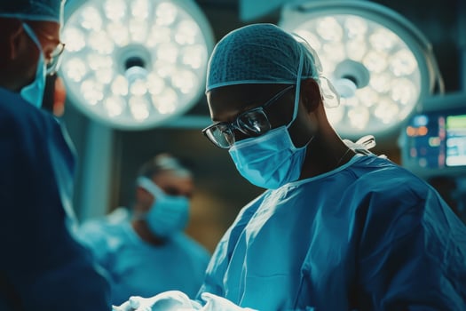 Medical team working in operating room. Surgeons wearing masks and scrubs perform operation. Bright surgical lights illuminate the scene in hospital environment. photo