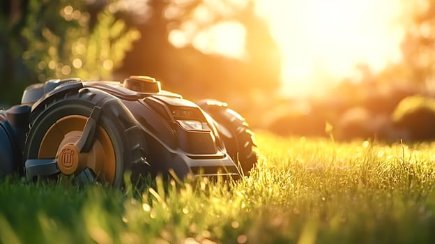 Robotic lawn mower cutting grass in garden at sunset photo