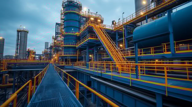 A modern industrial site features towering structures involved in mining and mineral processing. Steel walkways connect machinery and storage units, illuminated against a twilight backdrop. photo